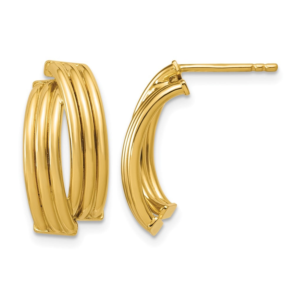 14k Yellow Gold Polished and Grooved J-Hoop Post Earrings