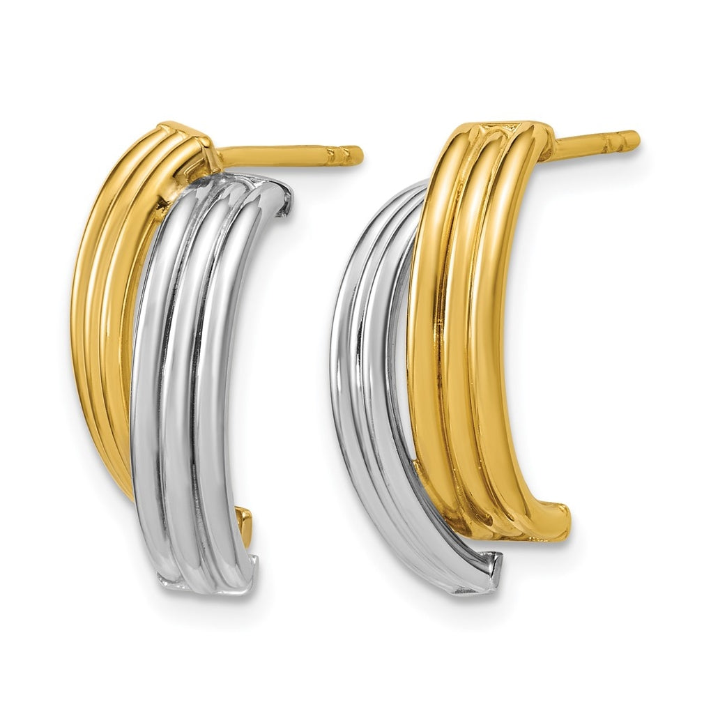 14K w/Wht RH-plating Polished/Grooved J-Hoop Post Earrings