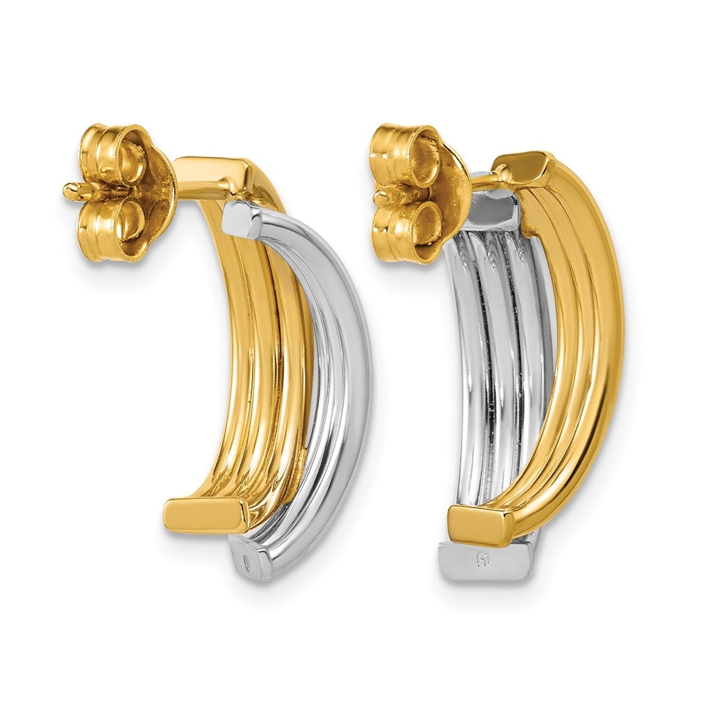 14K w/Wht RH-plating Polished/Grooved J-Hoop Post Earrings