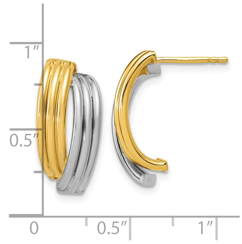 14K w/Wht RH-plating Polished/Grooved J-Hoop Post Earrings