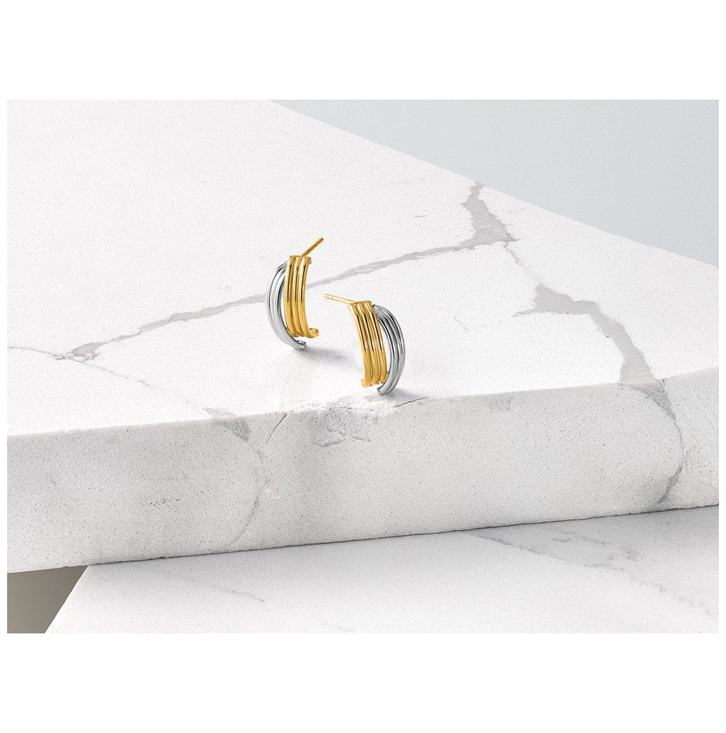 14K w/Wht RH-plating Polished/Grooved J-Hoop Post Earrings