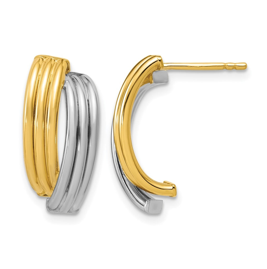 14K w/Wht RH-plating Polished/Grooved J-Hoop Post Earrings
