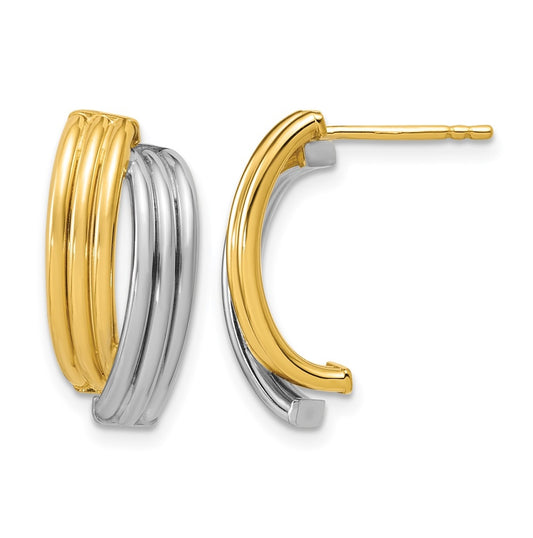 14K w/Wht RH-plating Polished/Grooved J-Hoop Post Earrings