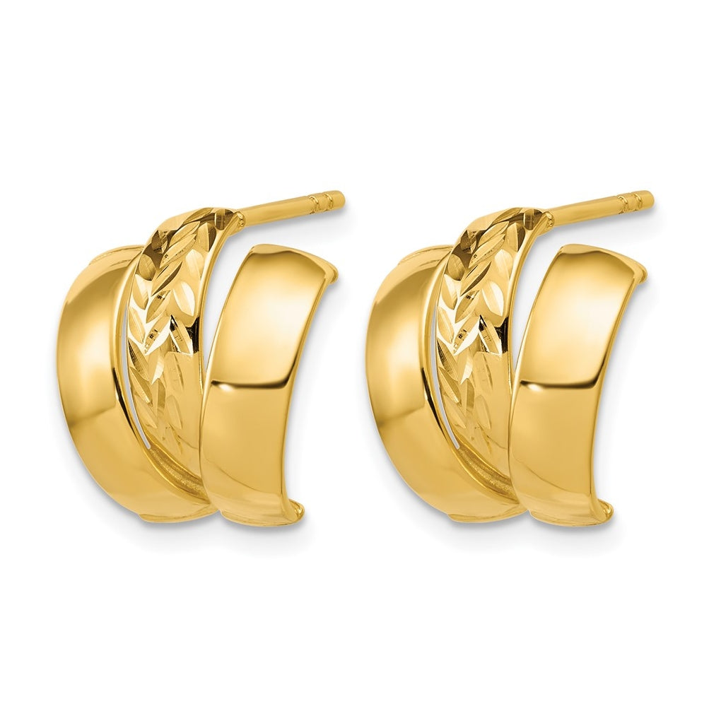 14k Yellow Gold Polished and Diamond-cut 3-row J-Hoop Post Earrings