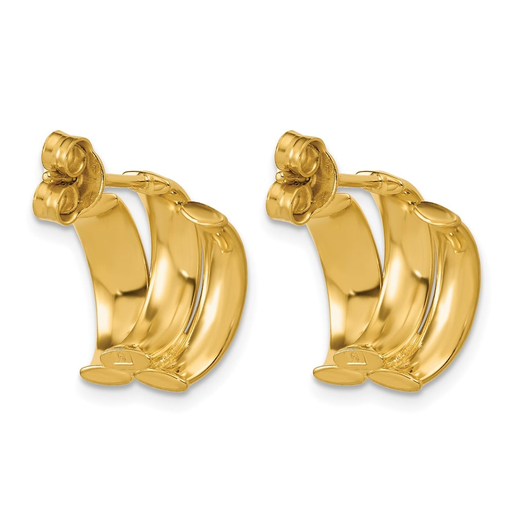 14k Yellow Gold Polished and Diamond-cut 3-row J-Hoop Post Earrings