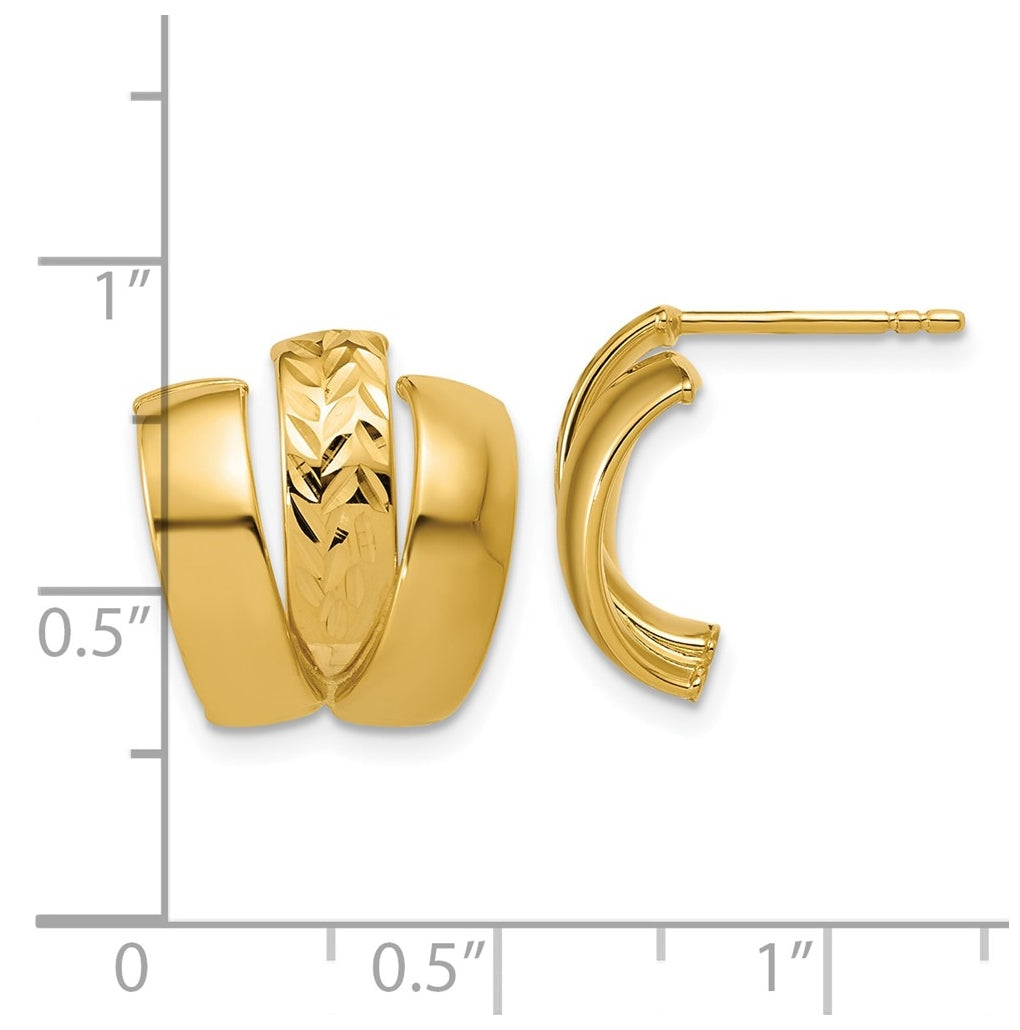 14k Yellow Gold Polished and Diamond-cut 3-row J-Hoop Post Earrings