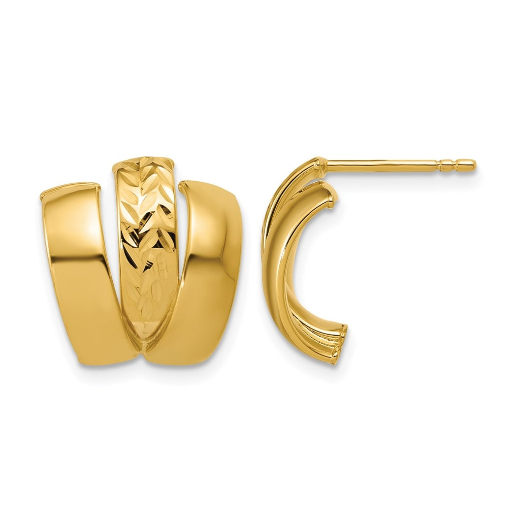 14k Yellow Gold Polished and Diamond-cut 3-row J-Hoop Post Earrings