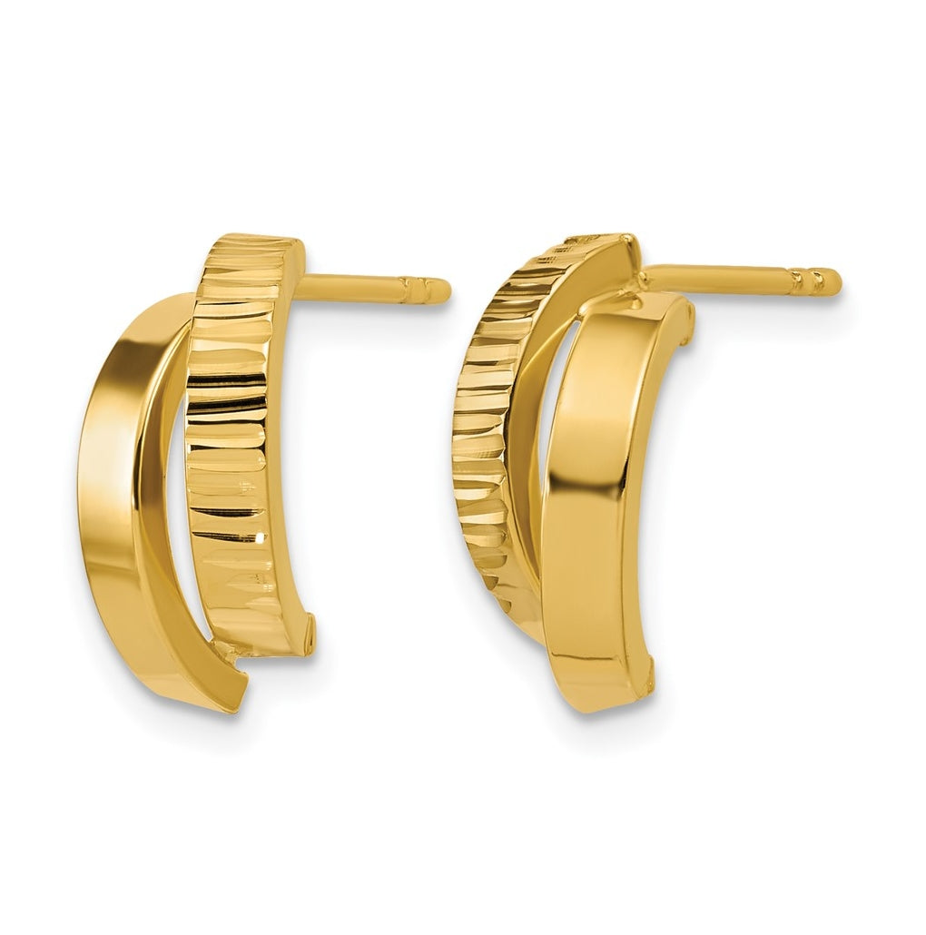 14k Yellow Gold Polished and Diamond-cut crisscross J-Hoop Earrings