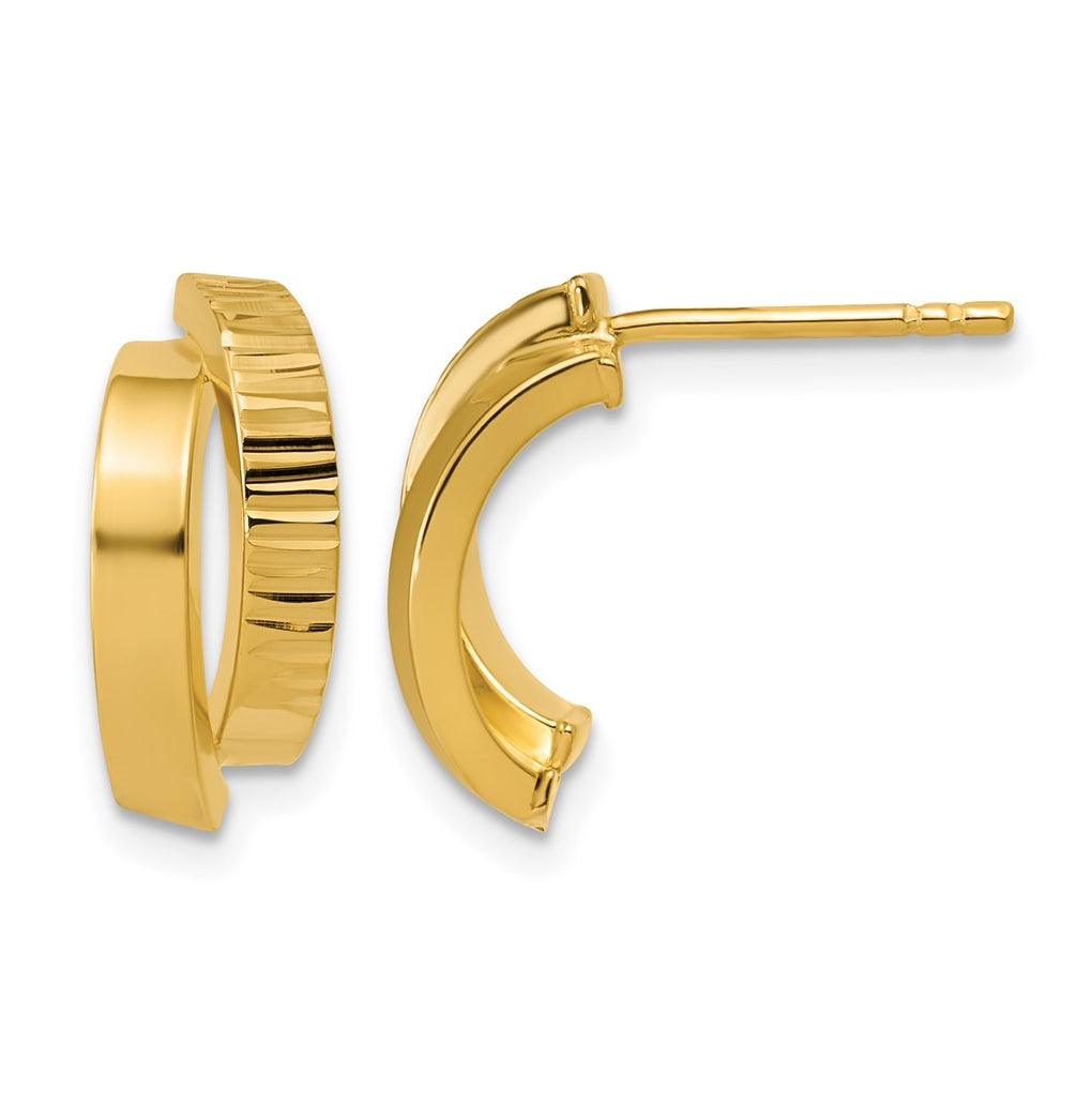 14k Yellow Gold Polished and Diamond-cut crisscross J-Hoop Earrings