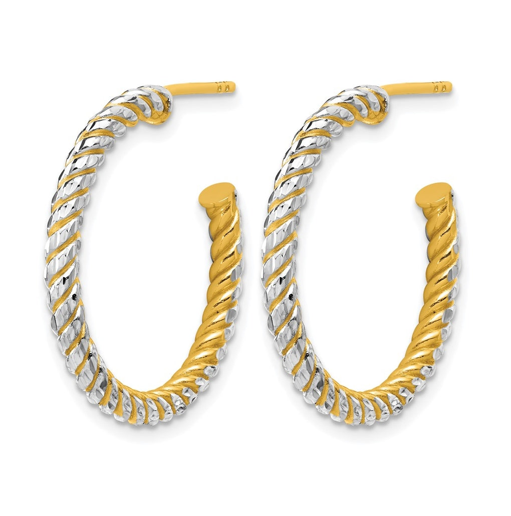 14k Yellow Gold w/Rhodium Polished and Diamond-cut J-Hoop Earrings