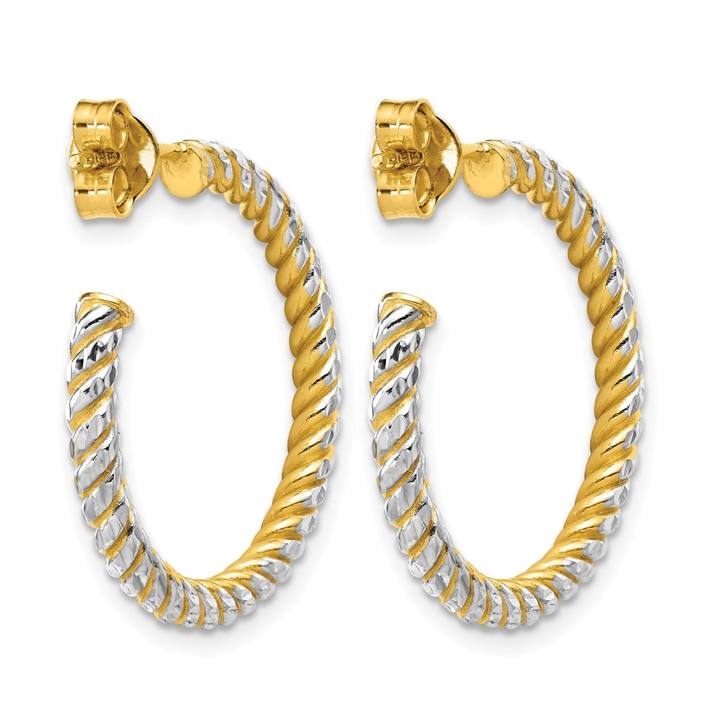 14k Yellow Gold w/Rhodium Polished and Diamond-cut J-Hoop Earrings