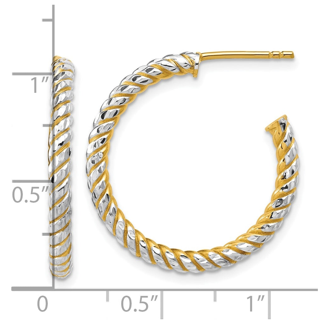14k Yellow Gold w/Rhodium Polished and Diamond-cut J-Hoop Earrings