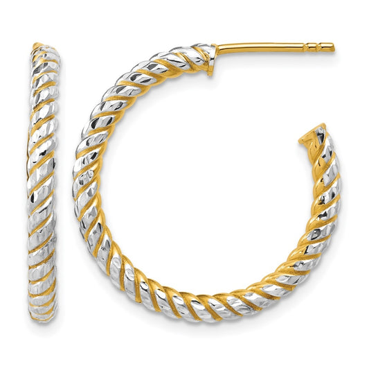 14k Yellow Gold w/Rhodium Polished and Diamond-cut J-Hoop Earrings