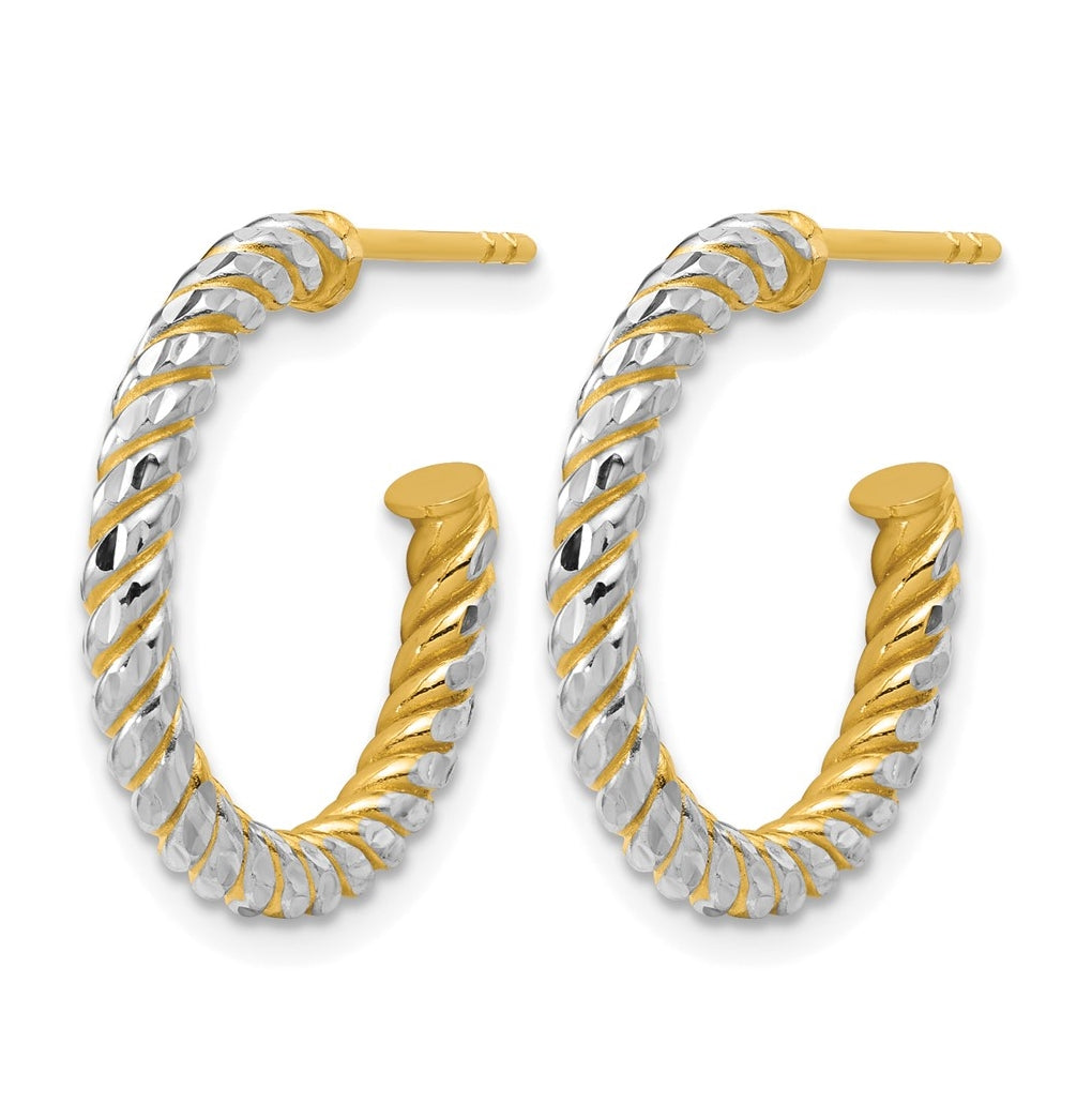14k Yellow Gold w/Rhodium Polished and Diamond-cut J-Hoop Earrings
