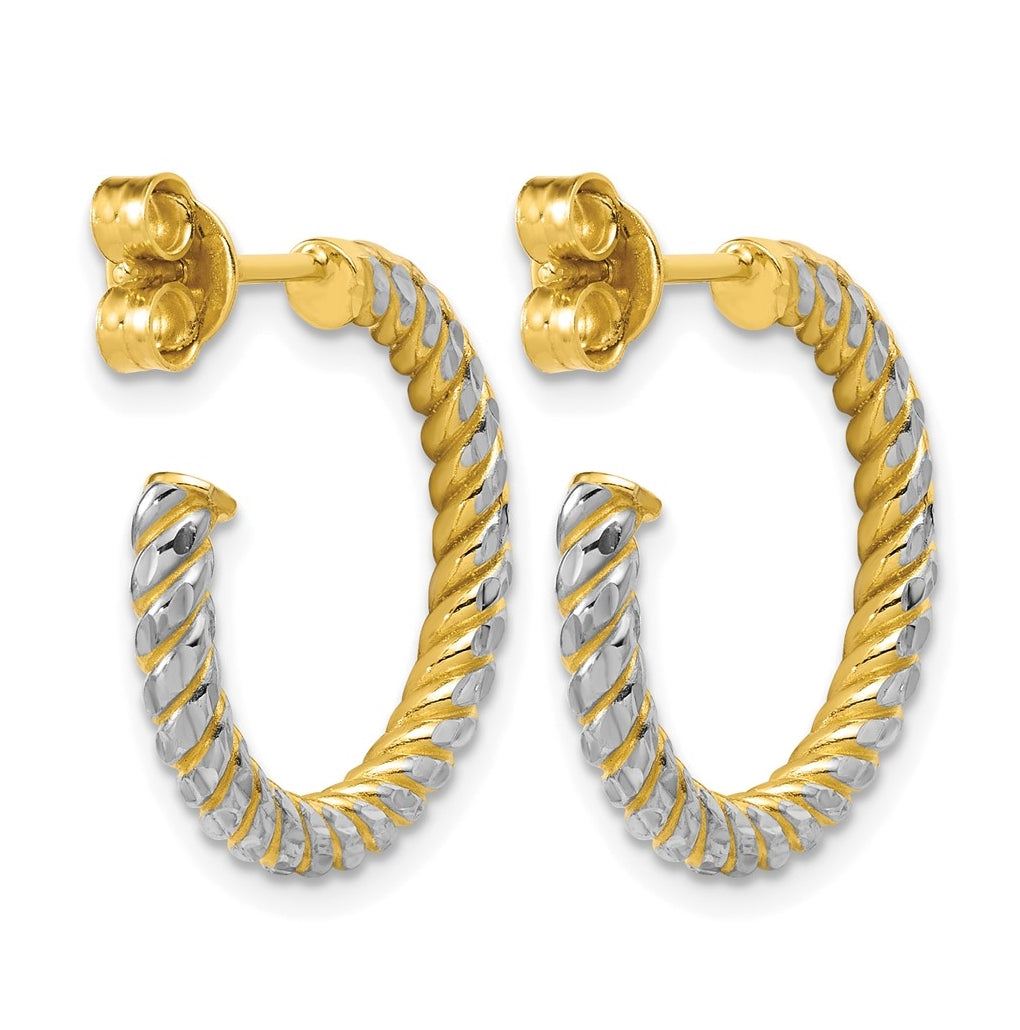14k Yellow Gold w/Rhodium Polished and Diamond-cut J-Hoop Earrings