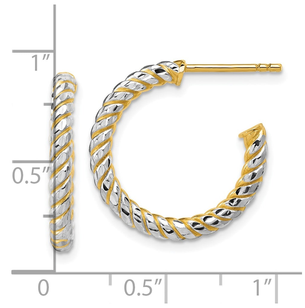 14k Yellow Gold w/Rhodium Polished and Diamond-cut J-Hoop Earrings