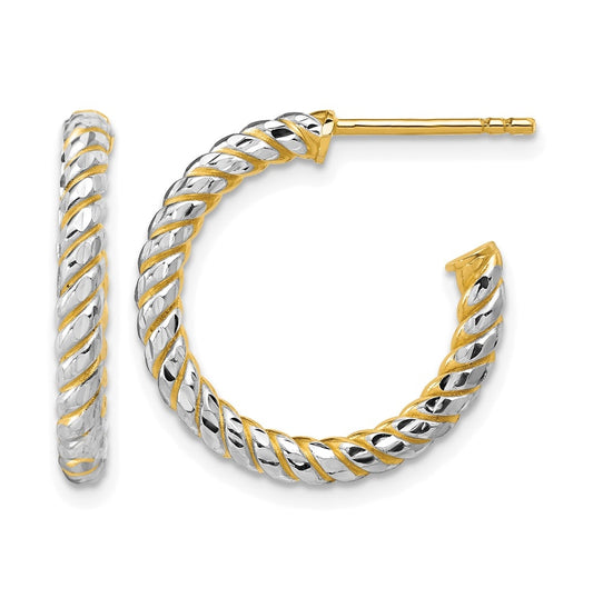14k Yellow Gold w/Rhodium Polished and Diamond-cut J-Hoop Earrings