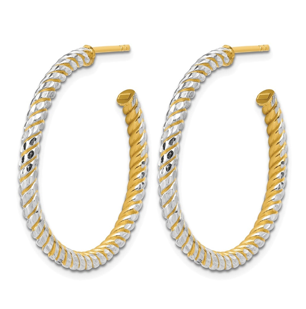 14k Yellow Gold w/Rhodium Polished and Diamond-cut J-Hoop Earrings
