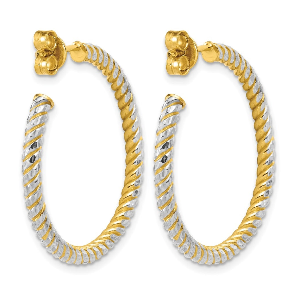 14k Yellow Gold w/Rhodium Polished and Diamond-cut J-Hoop Earrings