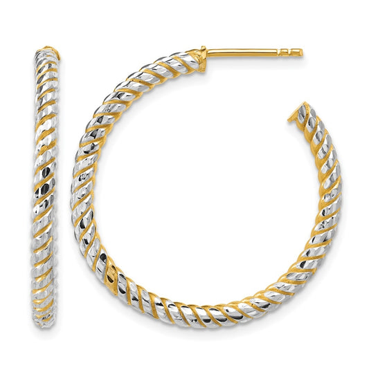 14k Yellow Gold w/Rhodium Polished and Diamond-cut J-Hoop Earrings
