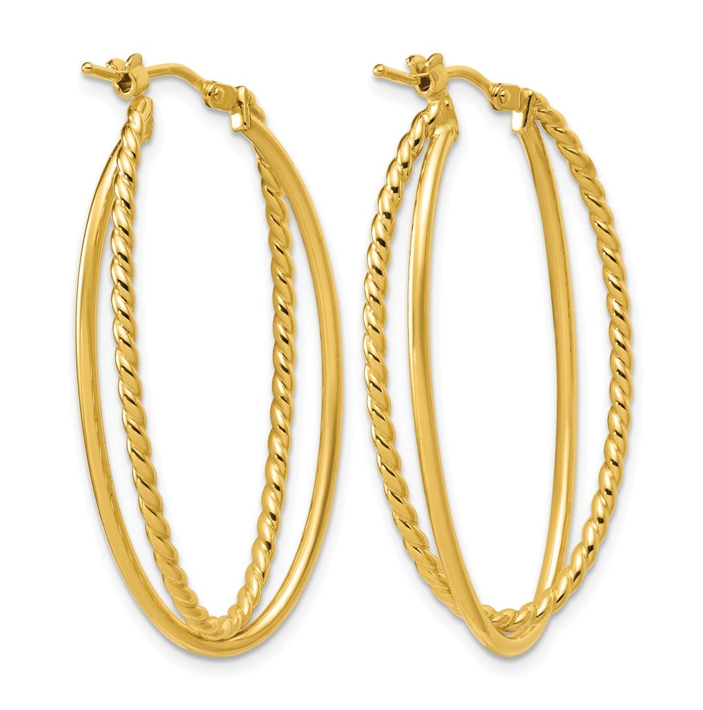 14k Yellow Gold Polished and Twisted Criss-cross Oval Hoop Earrings