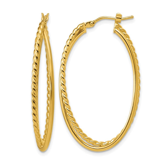 14k Yellow Gold Polished and Twisted Criss-cross Oval Hoop Earrings