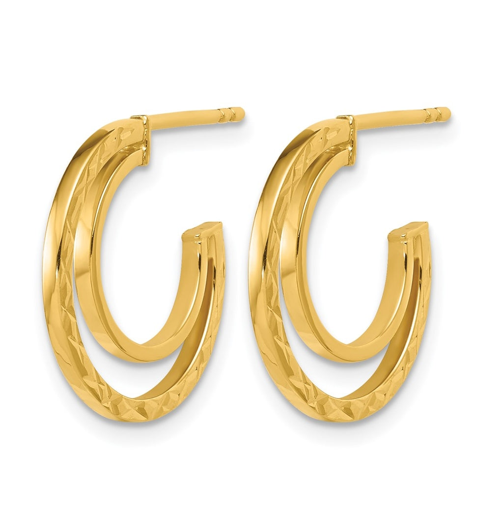 14k Yellow Gold Polished and Diamond-cut 2-row J-Hoop Post Earrings