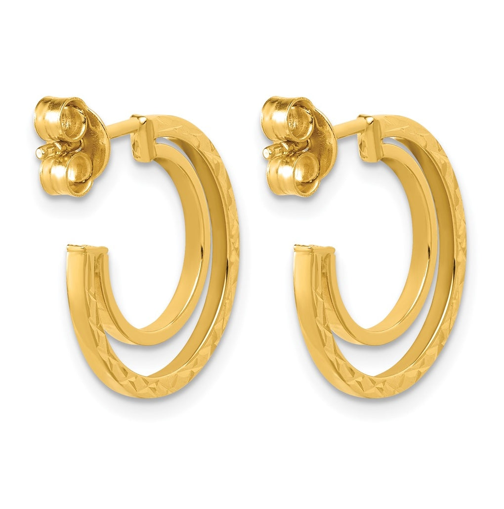 14k Yellow Gold Polished and Diamond-cut 2-row J-Hoop Post Earrings