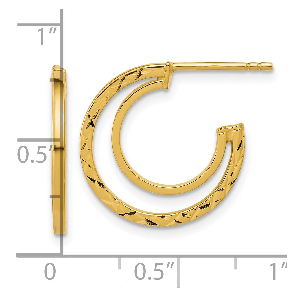 14k Yellow Gold Polished and Diamond-cut 2-row J-Hoop Post Earrings