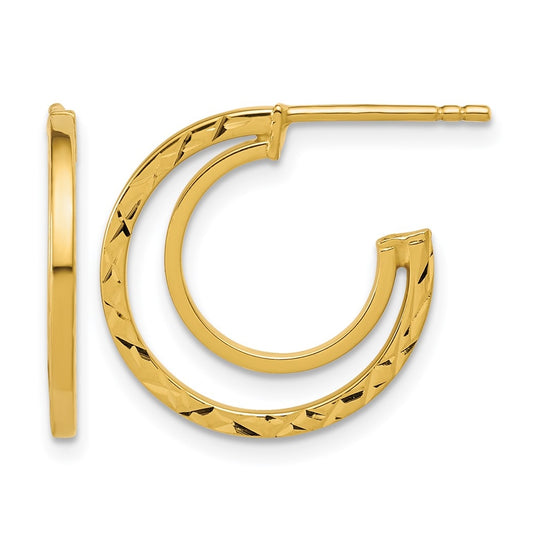 14k Yellow Gold Polished and Diamond-cut 2-row J-Hoop Post Earrings