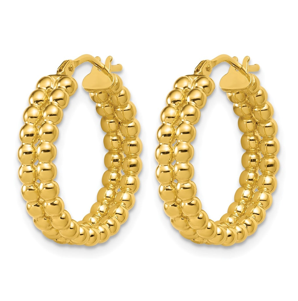 14k Yellow Gold Polished Beaded 2-Row Round Hoop Earrings