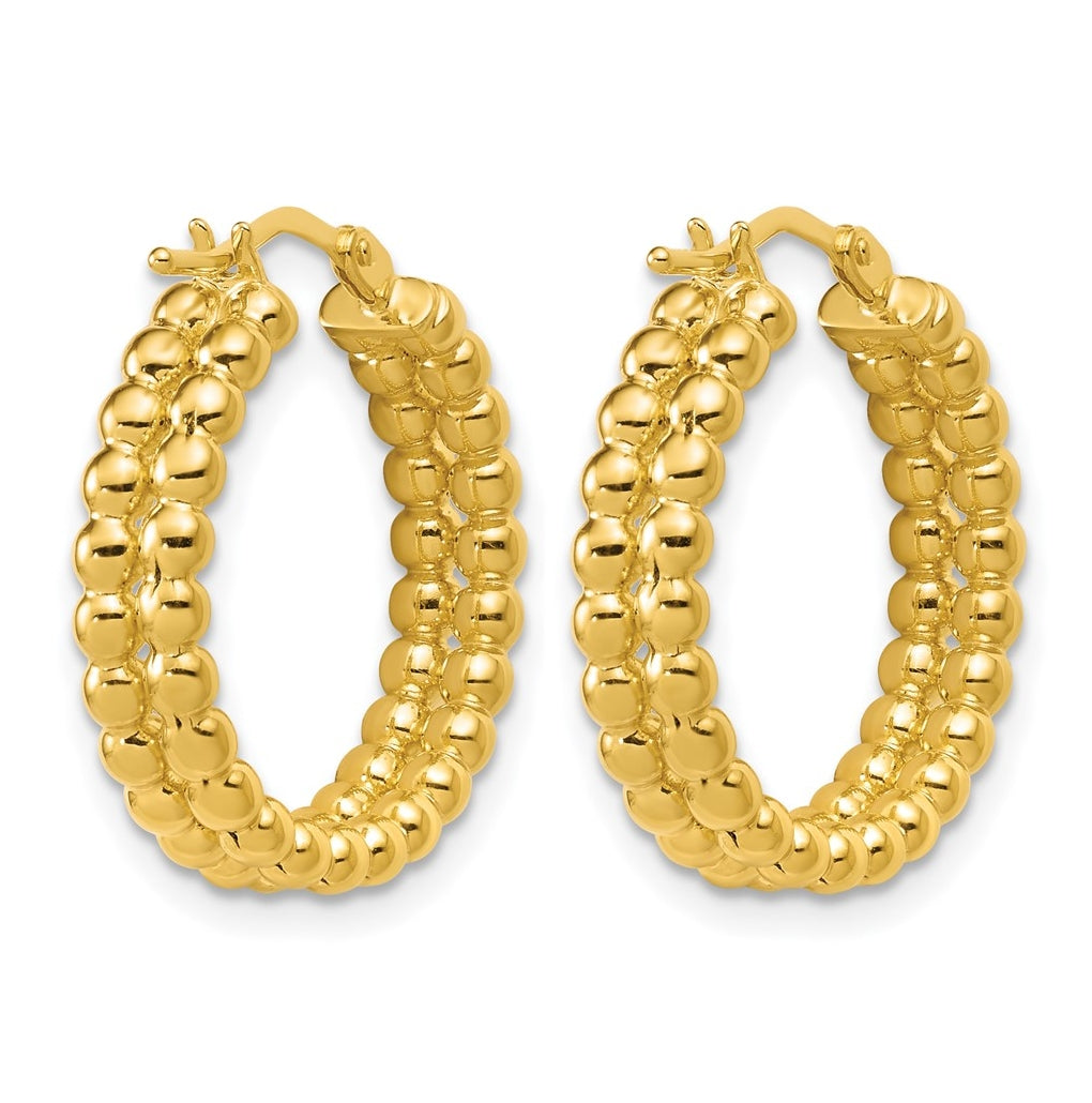 14k Yellow Gold Polished Beaded 2-Row Round Hoop Earrings