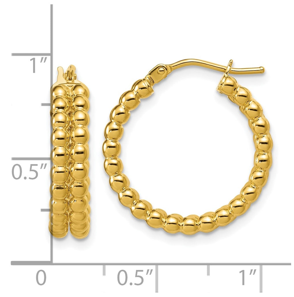 14k Yellow Gold Polished Beaded 2-Row Round Hoop Earrings