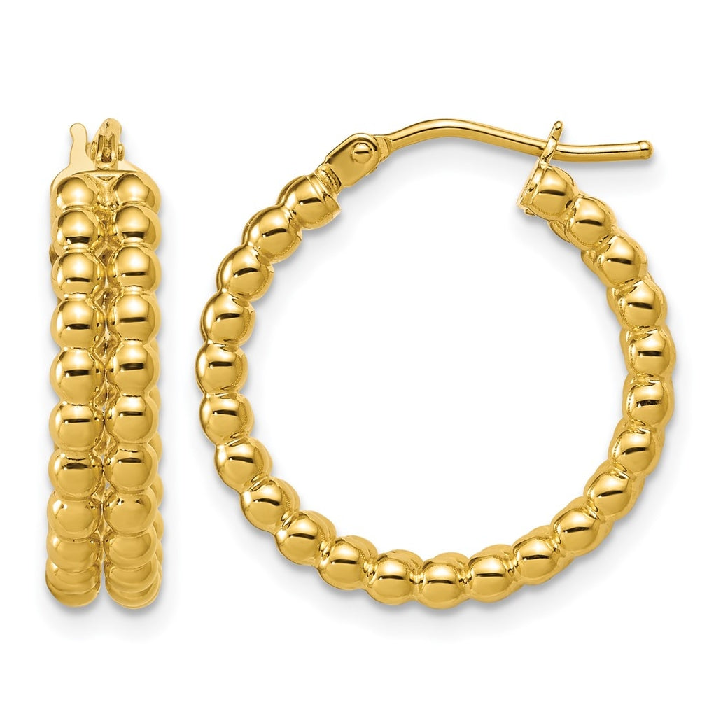14k Yellow Gold Polished Beaded 2-Row Round Hoop Earrings
