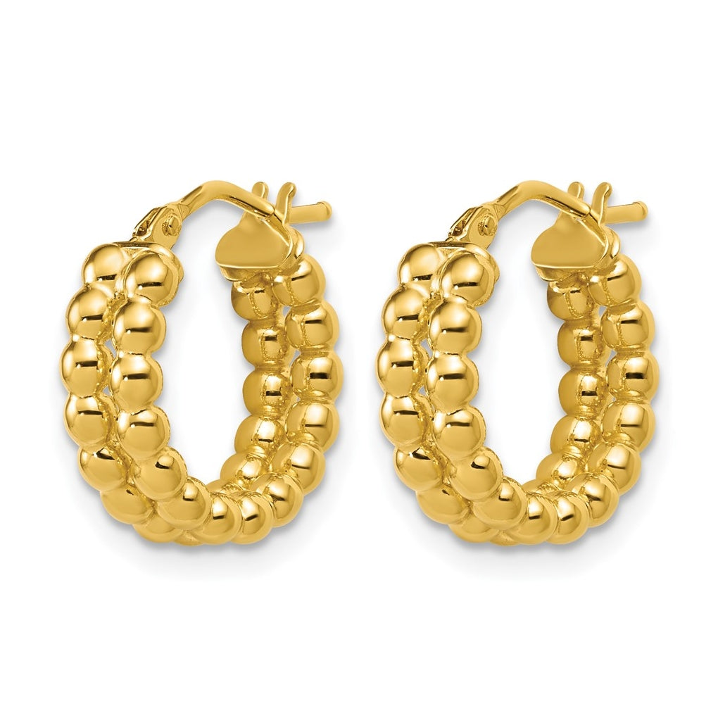 14k Yellow Gold Polished Beaded 2-Row Round Hoop Earrings