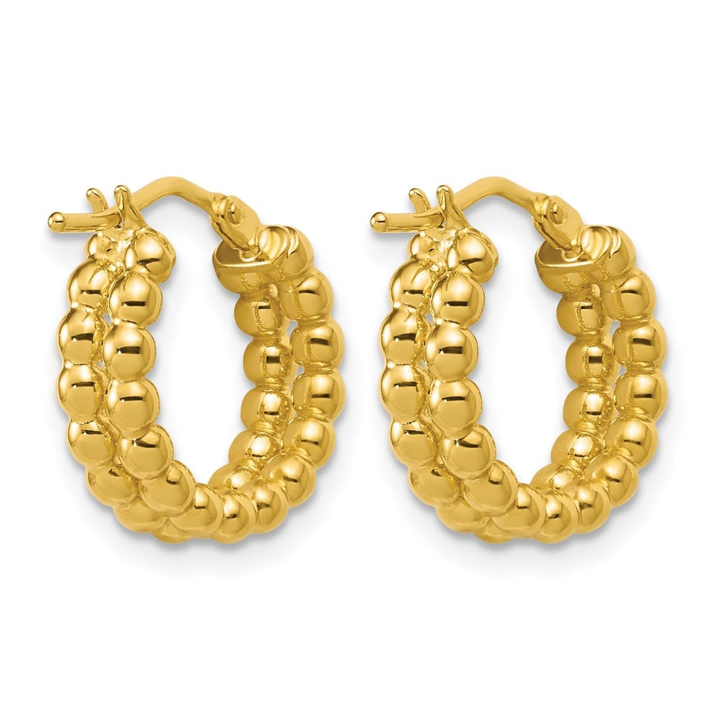14k Yellow Gold Polished Beaded 2-Row Round Hoop Earrings
