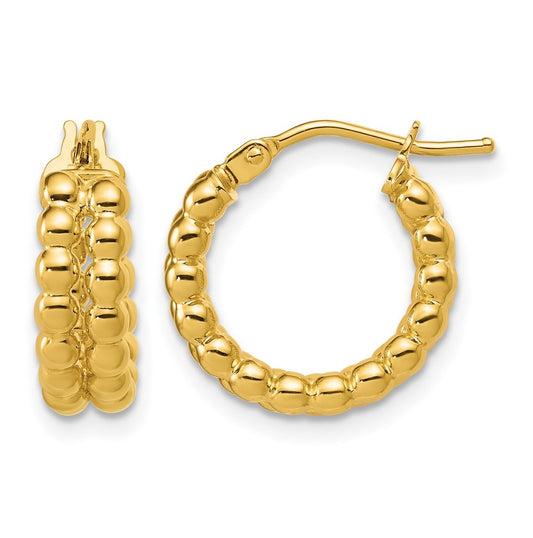 14k Yellow Gold Polished Beaded 2-Row Round Hoop Earrings