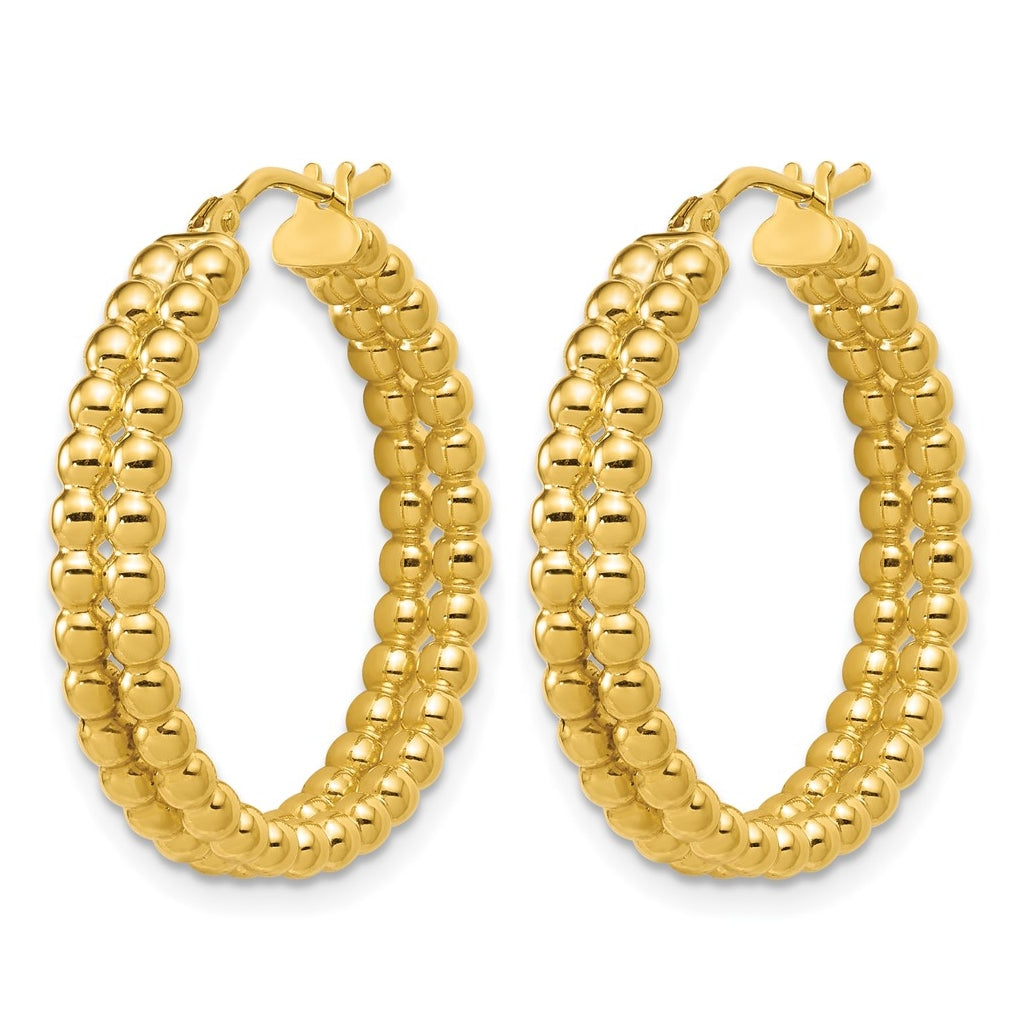 14k Yellow Gold Polished Beaded 2-Row Round Hoop Earrings