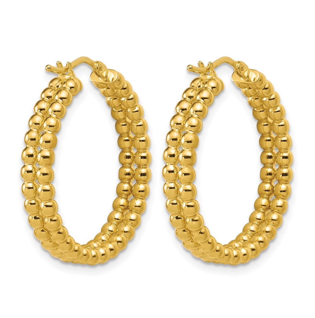 14k Yellow Gold Polished Beaded 2-Row Round Hoop Earrings
