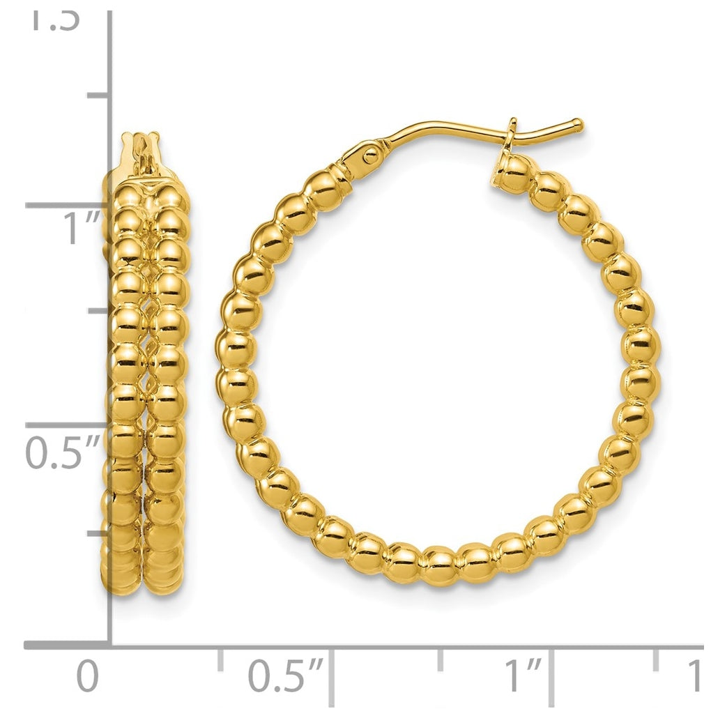 14k Yellow Gold Polished Beaded 2-Row Round Hoop Earrings
