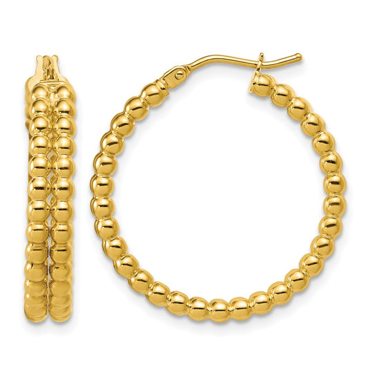 14k Yellow Gold Polished Beaded 2-Row Round Hoop Earrings