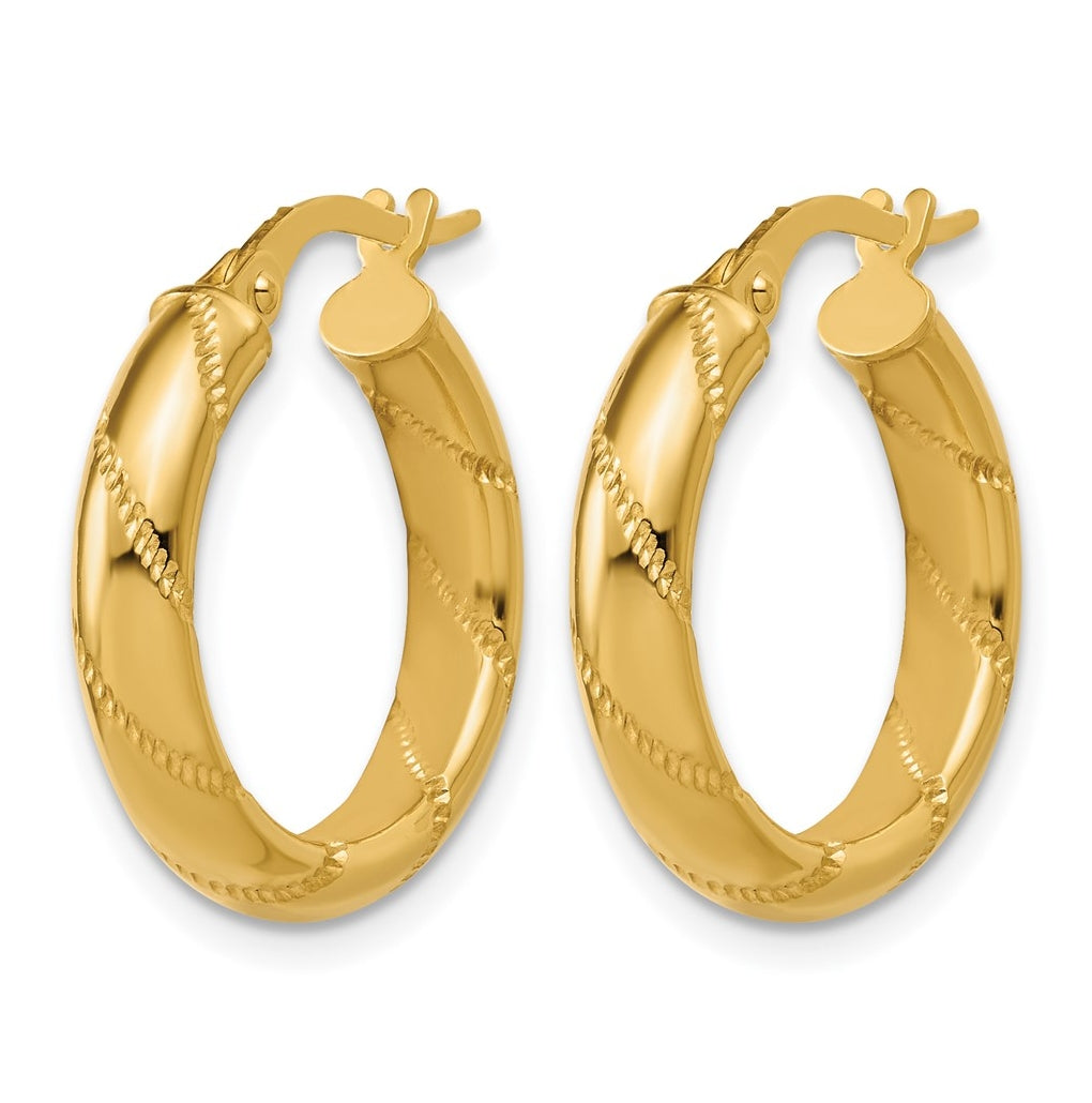 14k Yellow Gold Polished and Textured Round Hoop Earrings