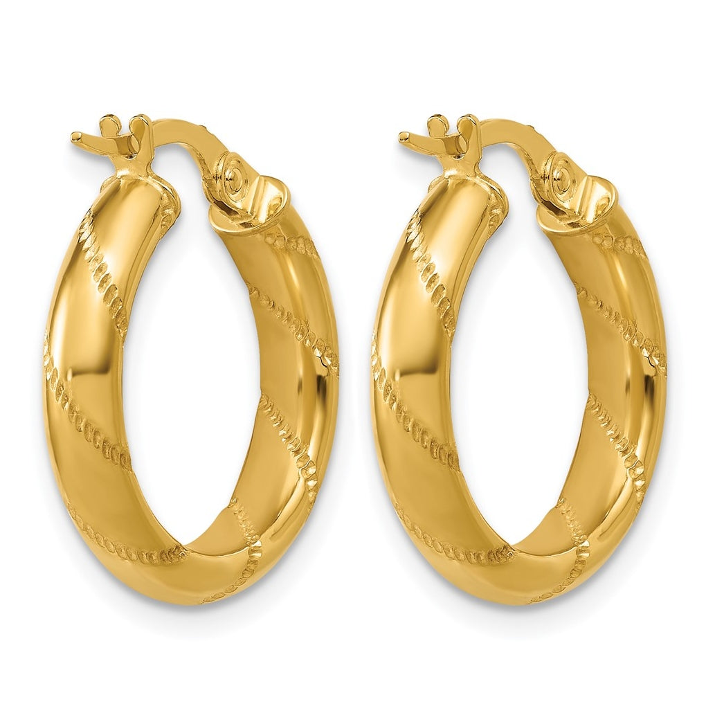 14k Yellow Gold Polished and Textured Round Hoop Earrings