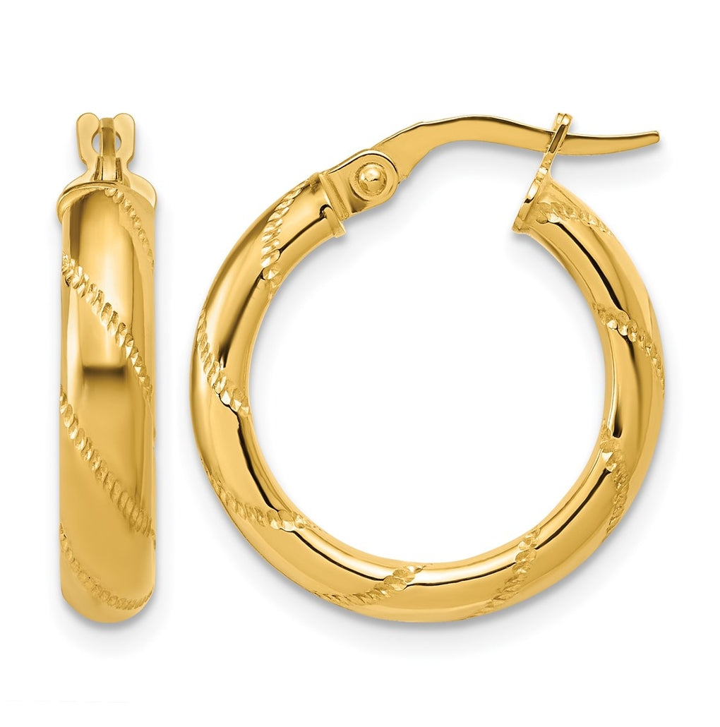 14k Yellow Gold Polished and Textured Round Hoop Earrings
