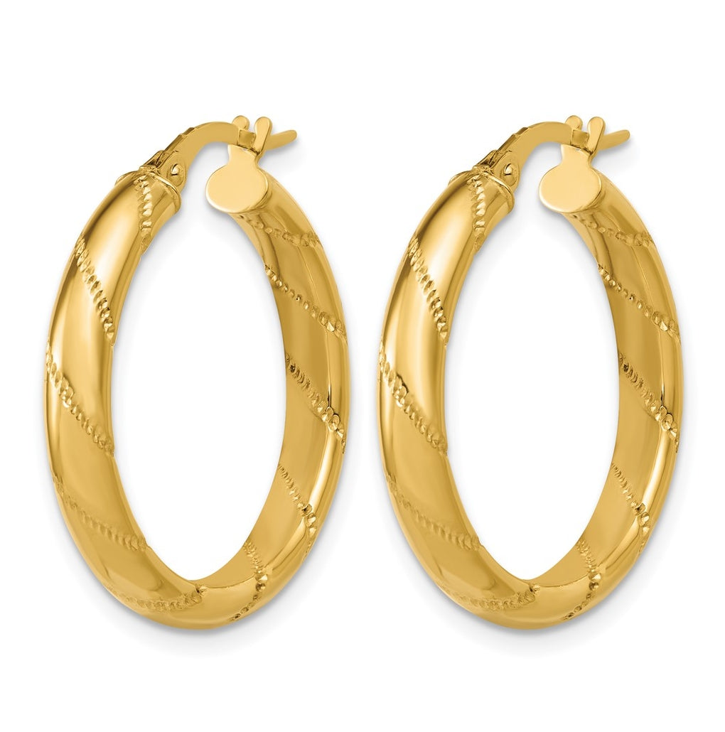 14k Yellow Gold Polished and Textured Round Hoop Earrings