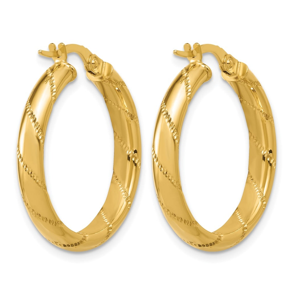14k Yellow Gold Polished and Textured Round Hoop Earrings