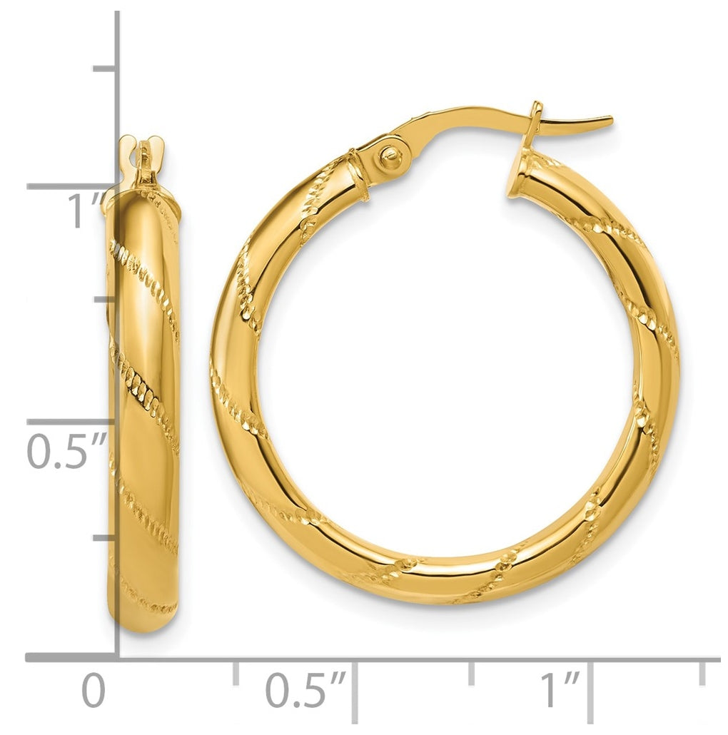 14k Yellow Gold Polished and Textured Round Hoop Earrings