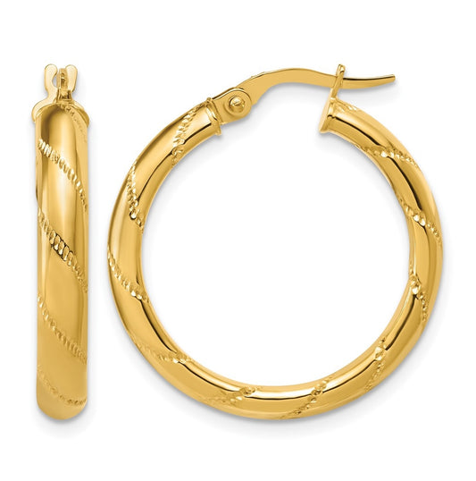 14k Yellow Gold Polished and Textured Round Hoop Earrings