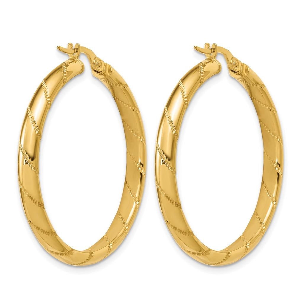 14k Yellow Gold Polished and Textured Round Hoop Earrings