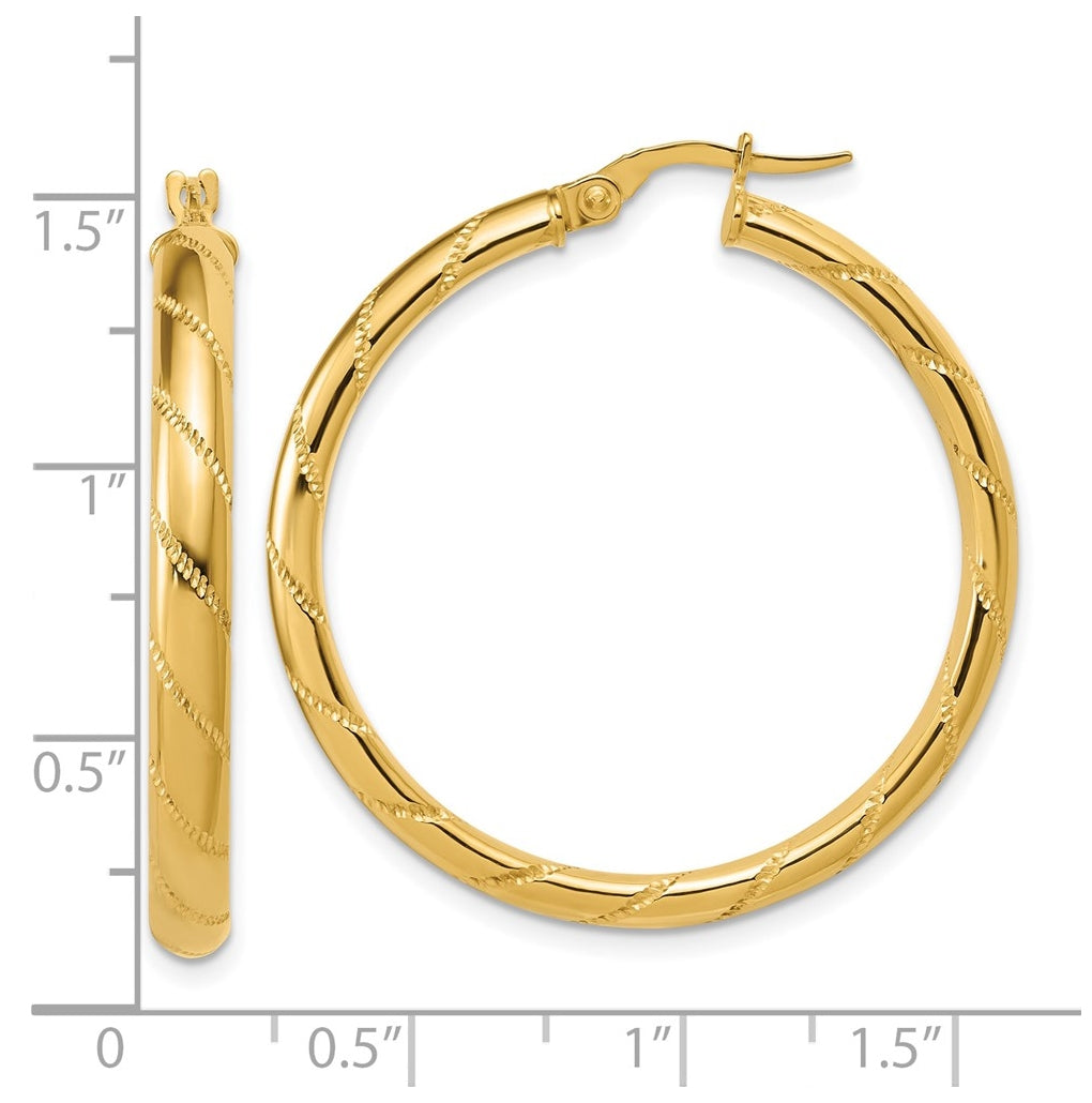 14k Yellow Gold Polished and Textured Round Hoop Earrings